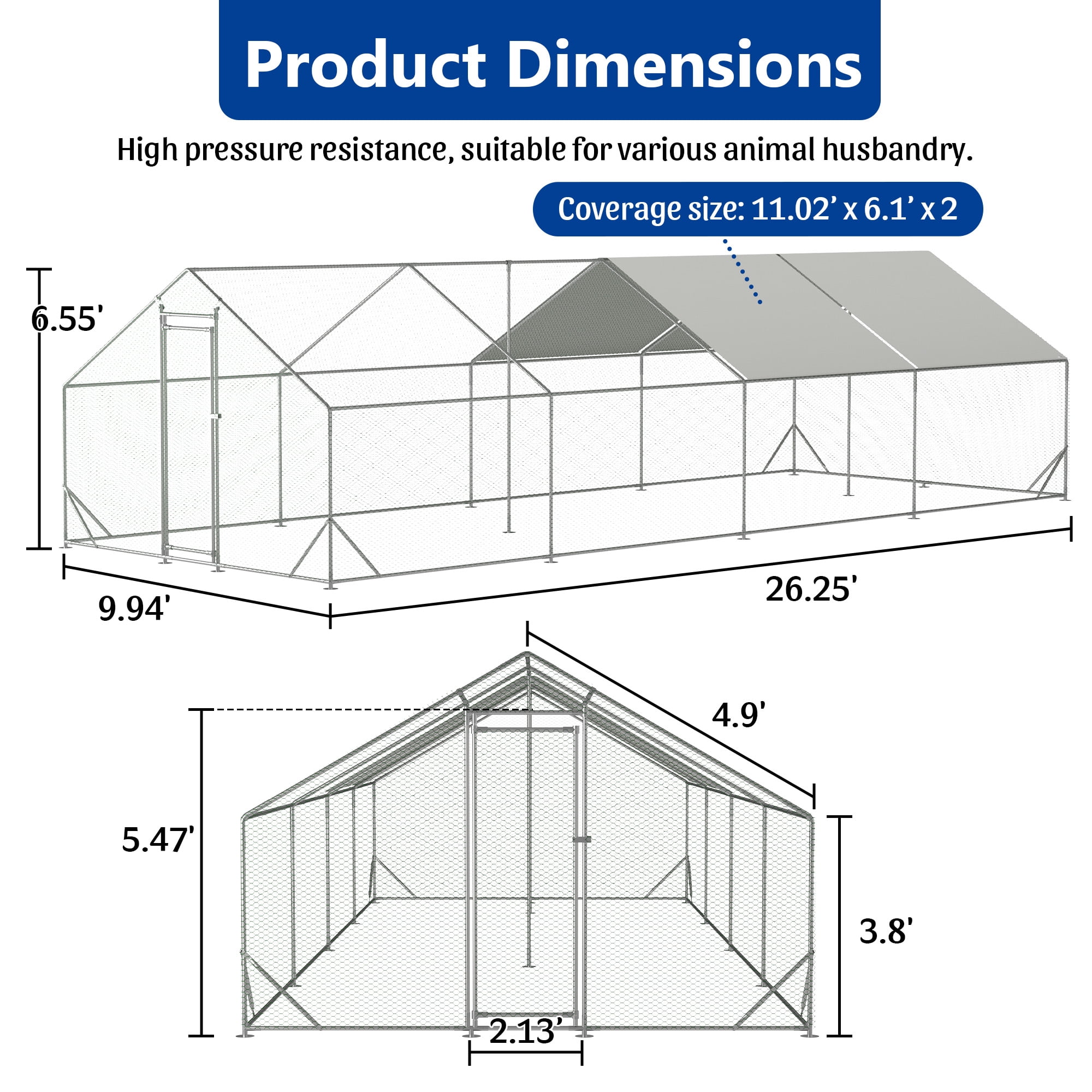 MAYEERTY 10'x26'x6.56' Metal Chicken Coop, Walk-in Poultry Pen w/UV-Proof Cover Lockable Door for Backyard