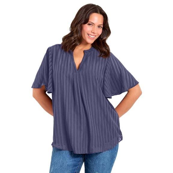 Avenue Women's Plus Size Split Neck Flutter Sleeve Blouse
