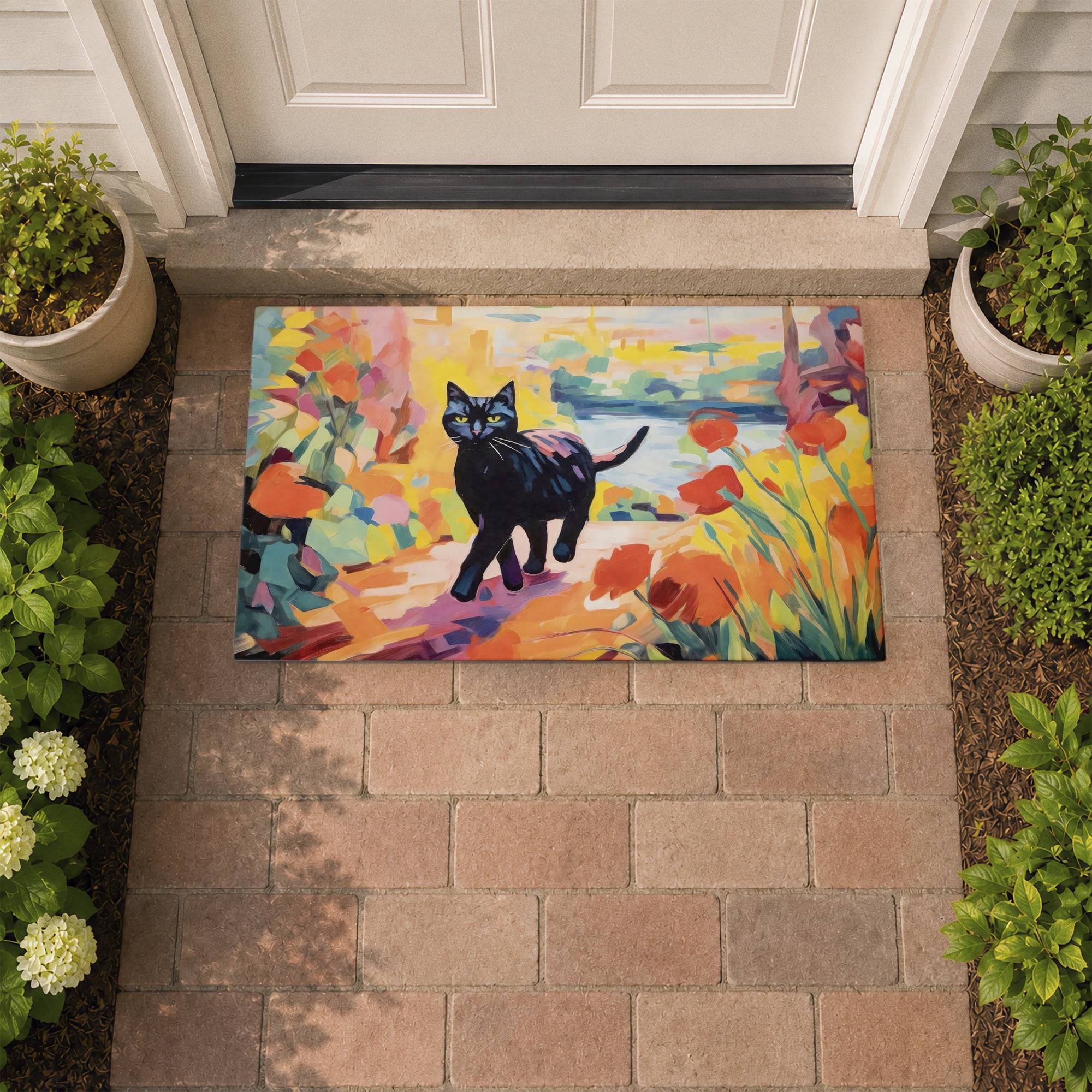 Stupell Industries Cat In Bright Harmonious Garden Printed Outdoor Door Floor Mat, design by Creative Studio
