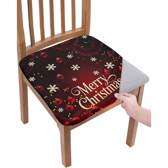 Merry Christmas Chair Seat Covers for Dining Room Stretch Chair Seat Covers Set of 1, Vintage Red Ball Xmas Snowflakes Holiday Chair Seat Protector Cushion Slipcovers for Kitchen Restaurant Office