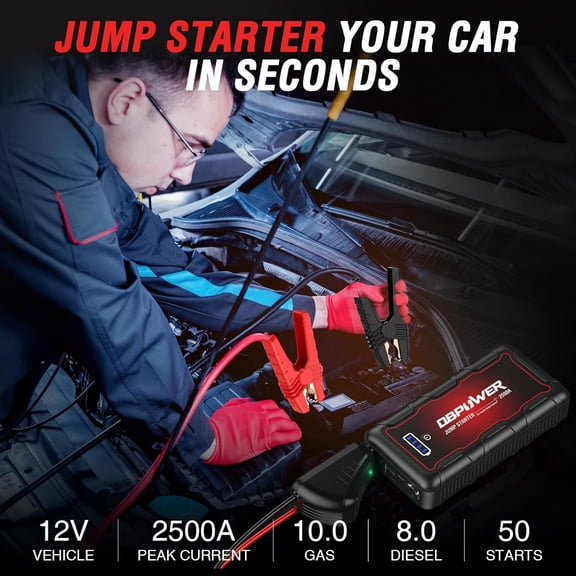 Jump Starter 2500A Peak 74Wh Portable Car Jump Starter (Up to 10L Gas/8L Diesel Engine) 12V Auto Battery Booster Pack with Smart Clamp Cables, Quick Charger, LED Light Jump Box