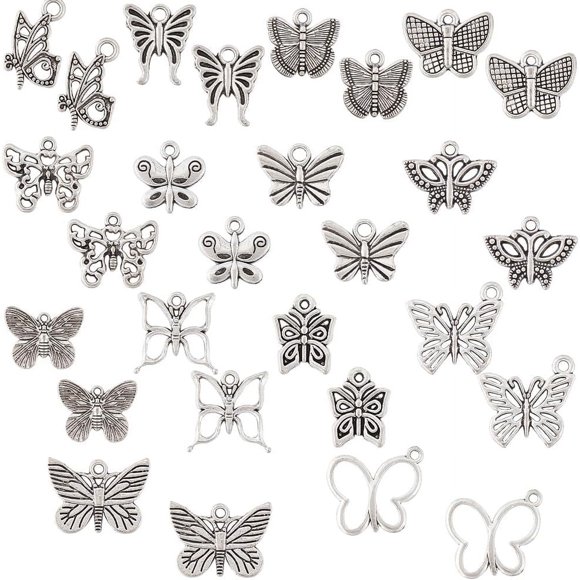1 caja de 84 piezas de 14 estilos de dijes de mariposas plateadas, dijes de polillas, dijes colgantes de estilo étnico vintage, lindos dijes de insectos pequeños.