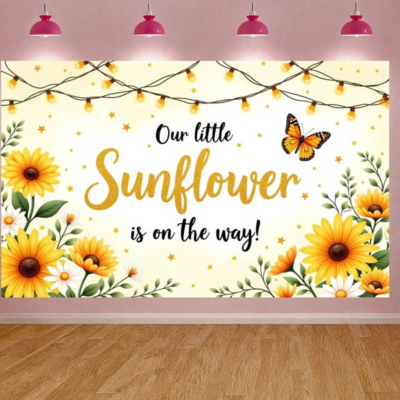 Sunflower Design Sunflower Banner Butterfly Accent Baby Backdrop String Lights Decor Star Pattern Welcome Backdrop for Baby Shower Newborn Welcome Party Baby Photography