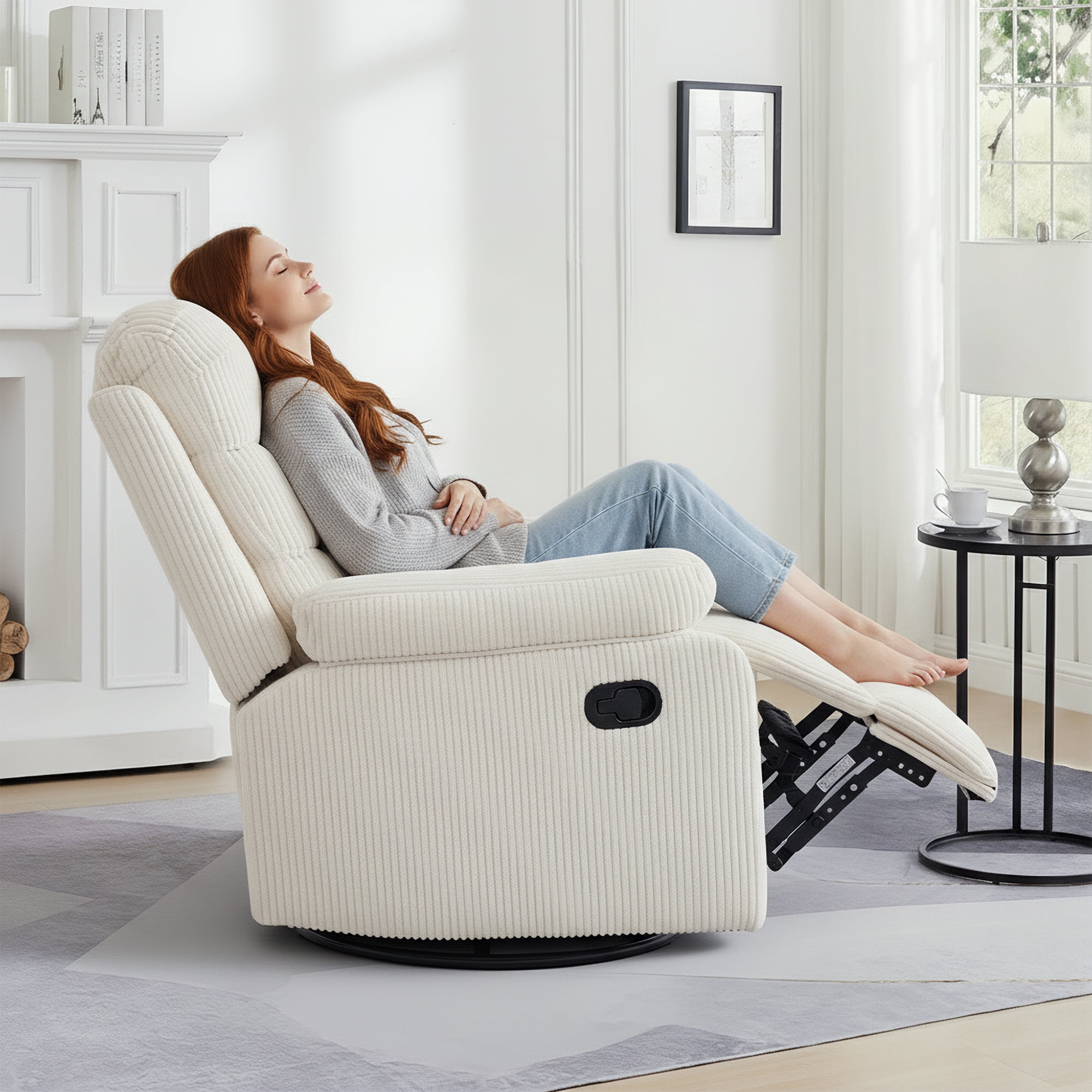 GAOHAPY Rocking Recliner Chair,Modern Swivel Glider Recliner Chair,Corduroy Fabric Upholstery Recliner,Manual Reclining Sofa Chair for Living Room,Office,Apartment,Beige