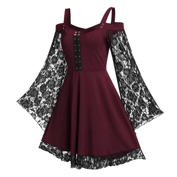 Mrat Fashion Women Court Bustier Patchwork Skull Lace Splicing Steampunk Skirt Long Sleeve Crop Tops Vintage Maxi Long Sleeve Dress 2XL XX-Large