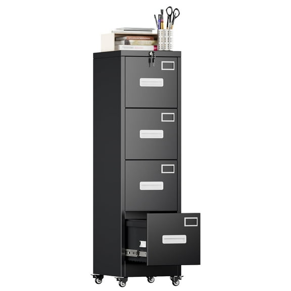 Aobabo 4 Drawer Metal File Cabinet on Wheels,56''H Steel Vertical File Storage Cabinet with Lock,Office Home File Cabinet for A4 Letter /Legal Size,Black,Assembly Required