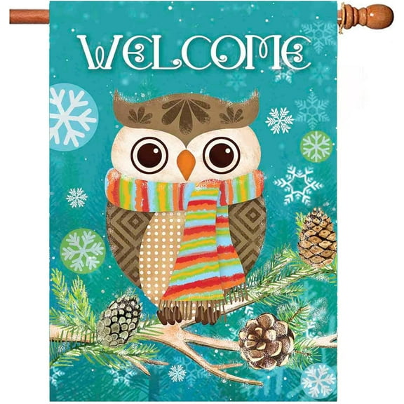 Cute Owl Christmas Holly Winter Double Sided House Flag 28x40 inch
