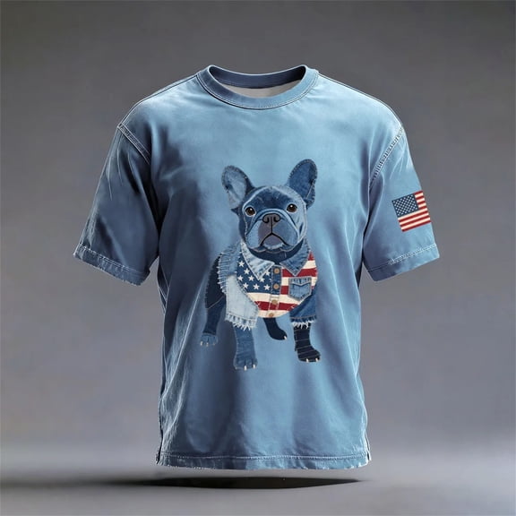Mens Tshirts Short Sleeve Graphic Tees with Dog USA Flag Casual Comfortable Everyday Wear Crewneck T Shirts for Man Blue L