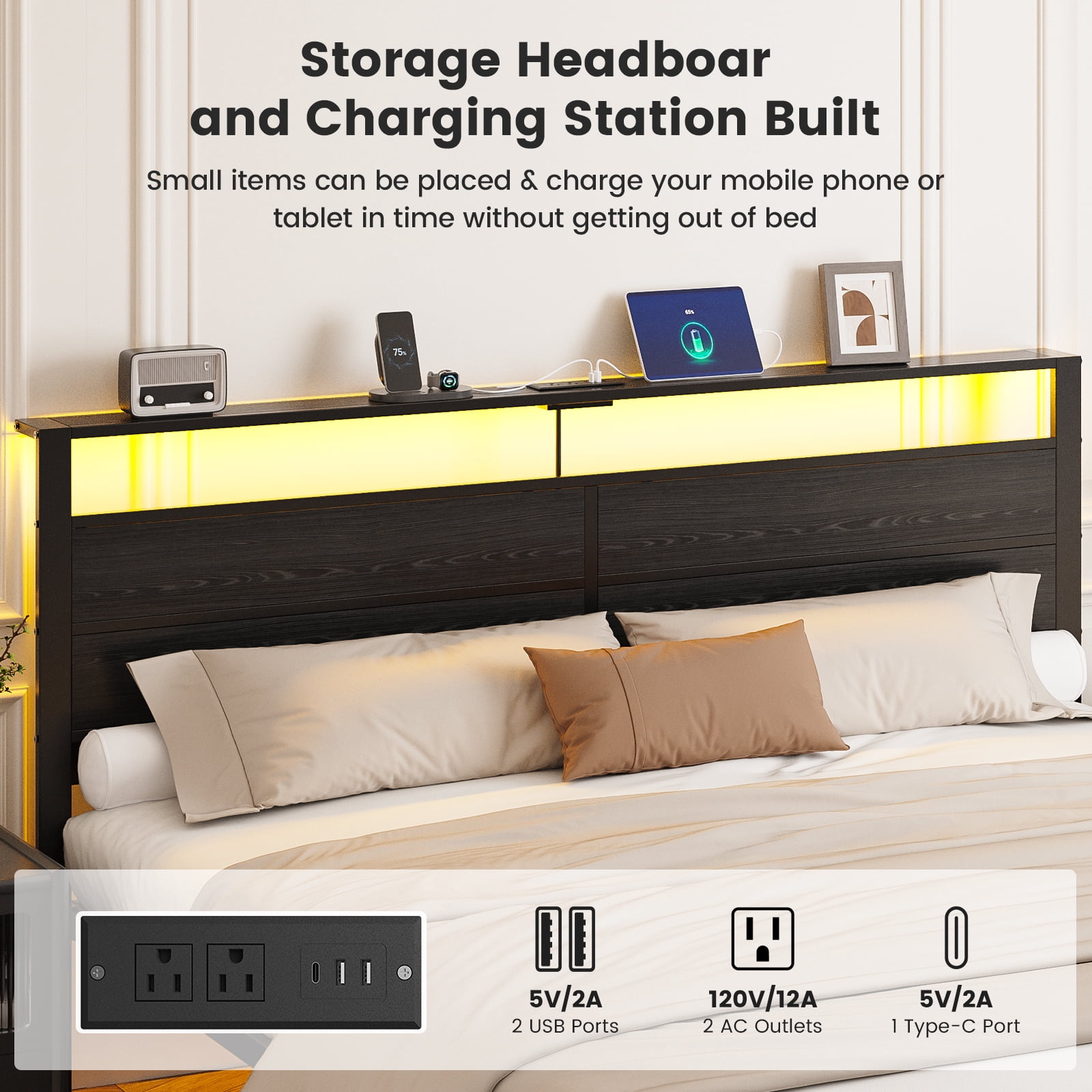 Kbun King Size Platform Bed Frame with Wood Headboard, Metal Bed Frame with LED Light, Heavy Duty Steel Slat Supported Full Bed Frames, No Box Spring Needed, Black