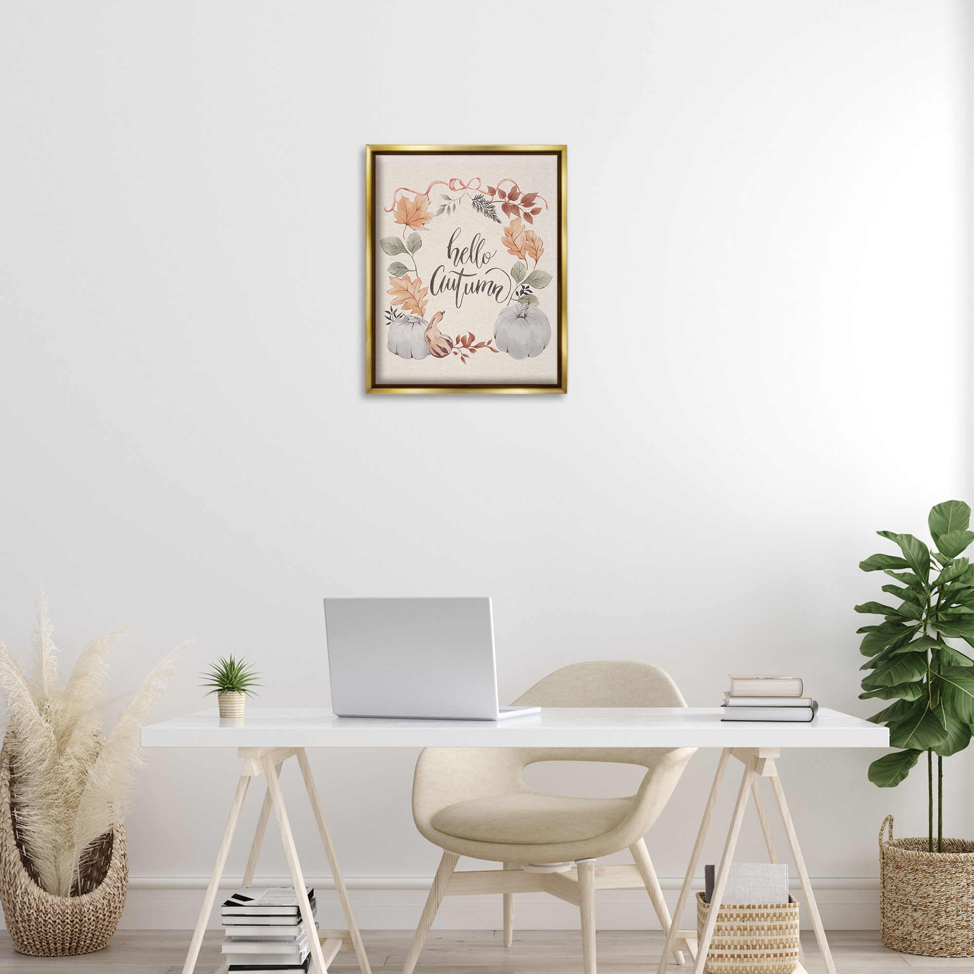 Stupell Industries Hello Autumn with Garland Animals Painting Gold Floater Framed Canvas Art Print Wall Art, 17 x 21
