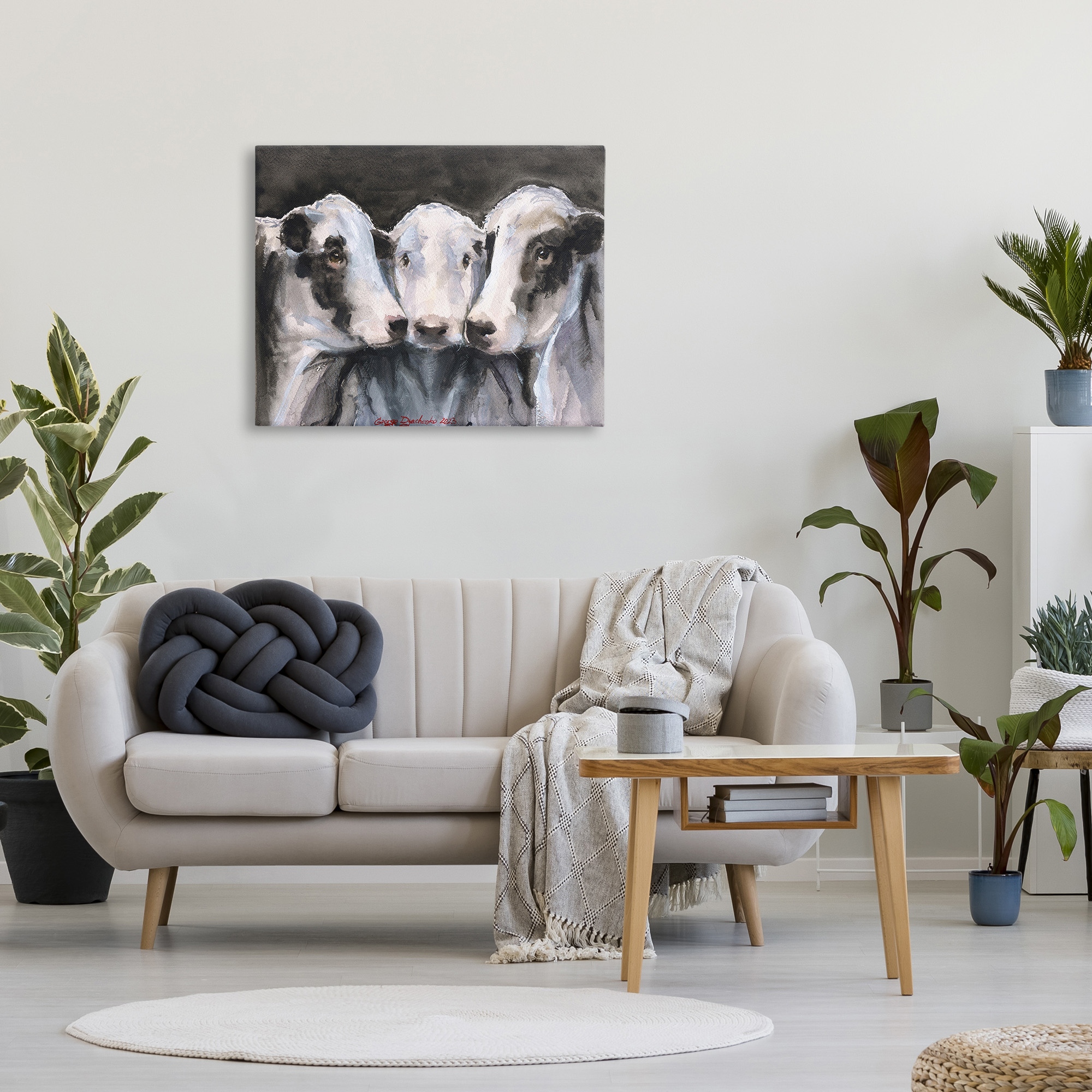 Stupell Industries Cow Trio Painting Animals & Insects Painting Gallery Wrapped Canvas Art Print Wall Art, 40 x 30