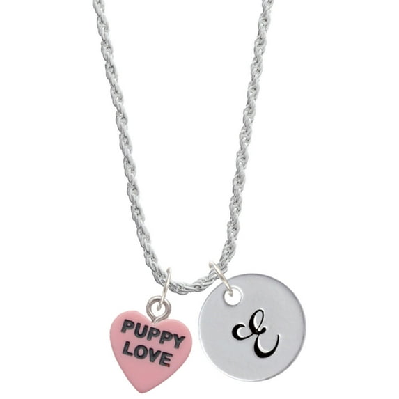 Delight Jewelry Acrylic Pink "Puppy Love / Take a Walk" Heart Silvertone Script Initial Disc - E - Charm Necklace, 20"+3"
