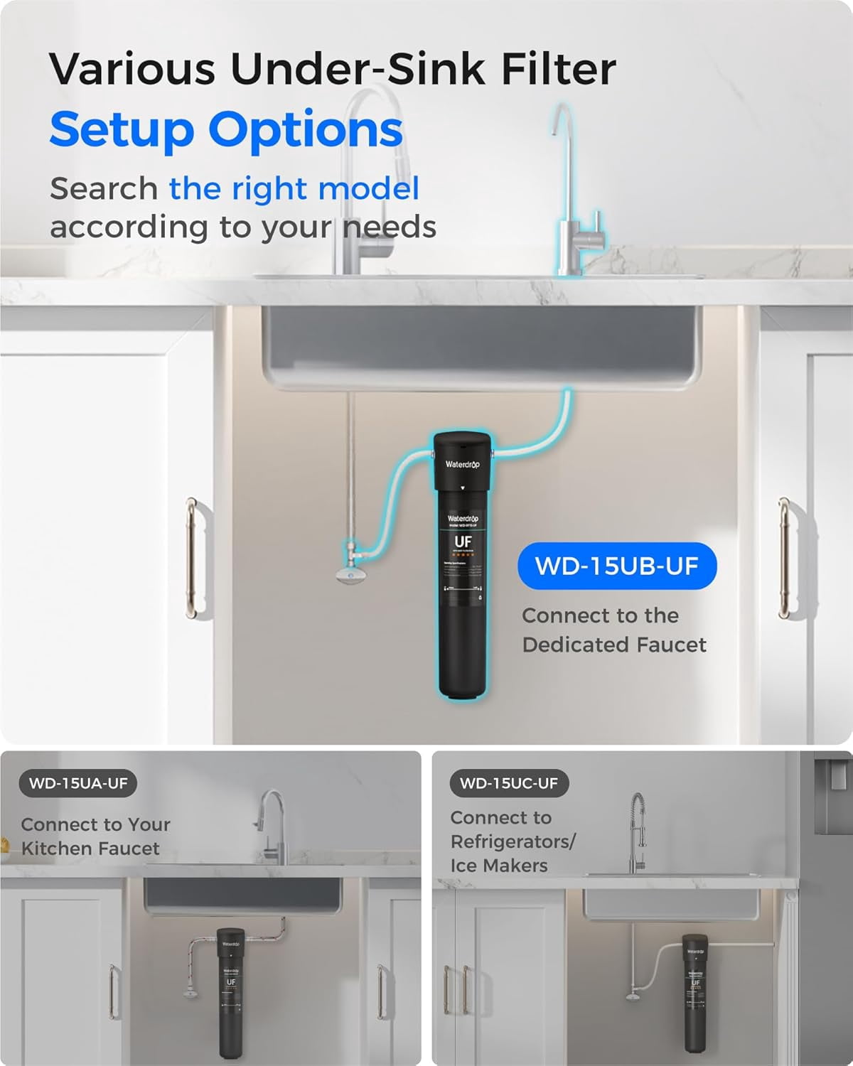 Waterdrop 15UB-UF Under Sink Water Filter System, 0.01 Micron Ultra Filtration Under Counter Drinking Water Filtration System, with Dedicated Brushed Nickel Faucet, 16K High Capacity, USA Tech