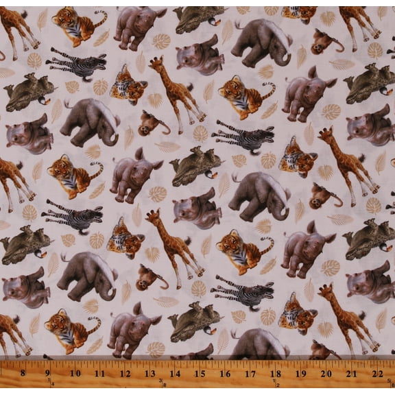 Cotton Baby Safari Animals Elephants Zebras Lions Cubs Hippos Giraffes Rhinos African Wildlife Whose Nose & Toes Beige Cotton Fabric Print by the Yard (7310BEIGE)