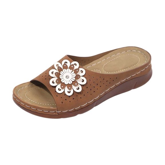 CYMMPU Women's 3D Floral Decor Wedge Slide Sandals, Hollow Open Toe Slip On Summer Casual Footwear Brown 37