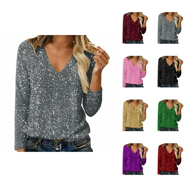 Hauts à Paillettes pour Femmes 2026 Mode de Printemps Manches Longues Col en V T-Shirts Décontractés à Paillettes Haut de Sortie Tenue de Rave