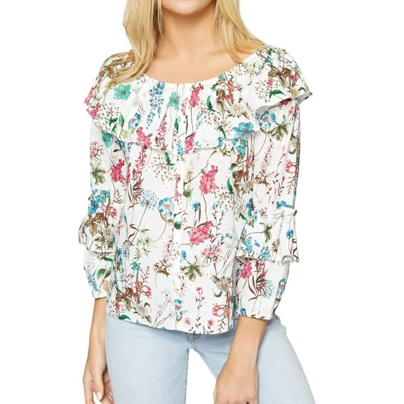Sanctuary Womens Botanica Floral Print 3/4 Sleeves Blouse White S