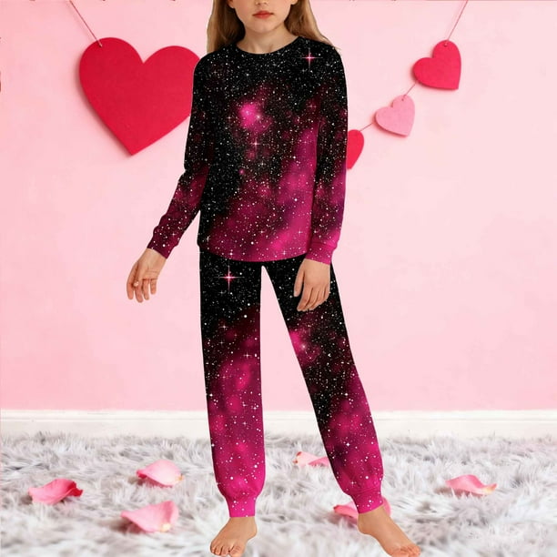 Conjuntos de blusa y camisa de manga larga con cuello redondo para niños y niñas de 5 a 14 años con estampado y bolsillo. Conjunto de top y pantalón de manga larga.