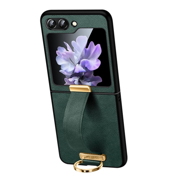 ELEHOLD Leather Case for Samsung Galaxy Z Flip 5,Premium PU Leather Case with Ring Holder Non-Slip Wristband Shockproof Case for Samsung Z Flip5 2023, Darkgreen