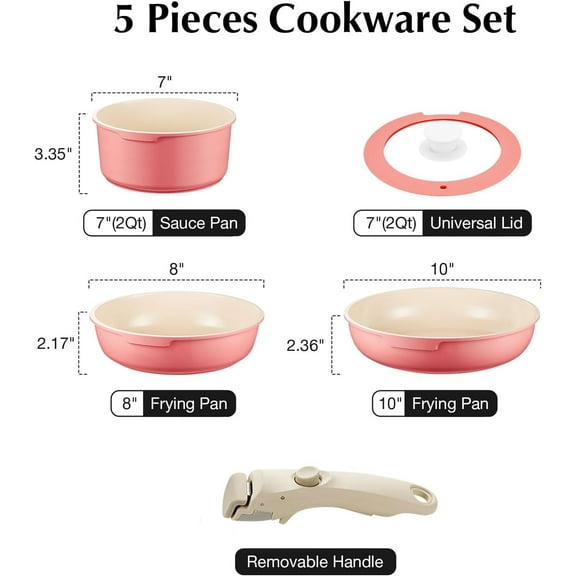Pink Ceramic Nonstick Cookware Set, 5Pcs Detachable Handle RV Camping Induction Kitchen Cookware