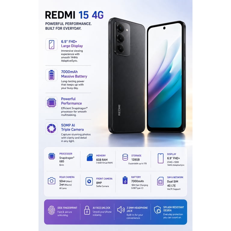 Xiaomi Redmi 15 4G 128GB ROM 6GB RAM Dual SIM GSM Unlocked - Black