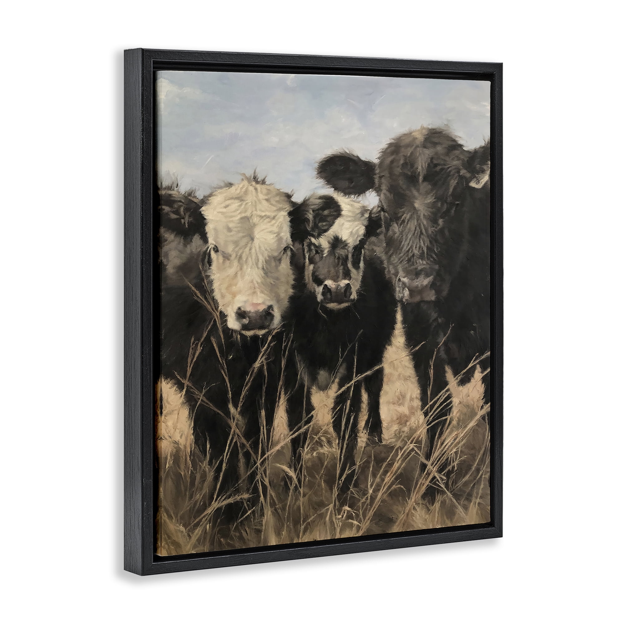 Stupell Industries All In Cow Family Animals Painting Black Floater Framed Canvas Art Print Wall Art, 17 x 21