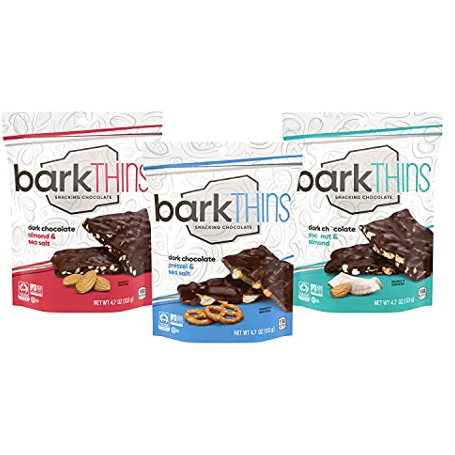 Barkthins Almond Sea Salt, Pretzel Sea Salt, Coconut Almond Dark