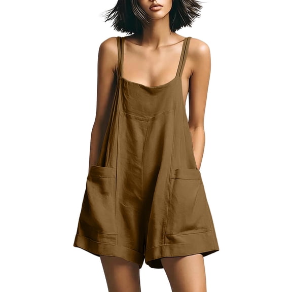 ZHYou Plus Size Jumpsuits for Women Double Strap Loose Casual Flowy Short Overalls Rompers with 2 Patch Pockets,Coffee,Size XL