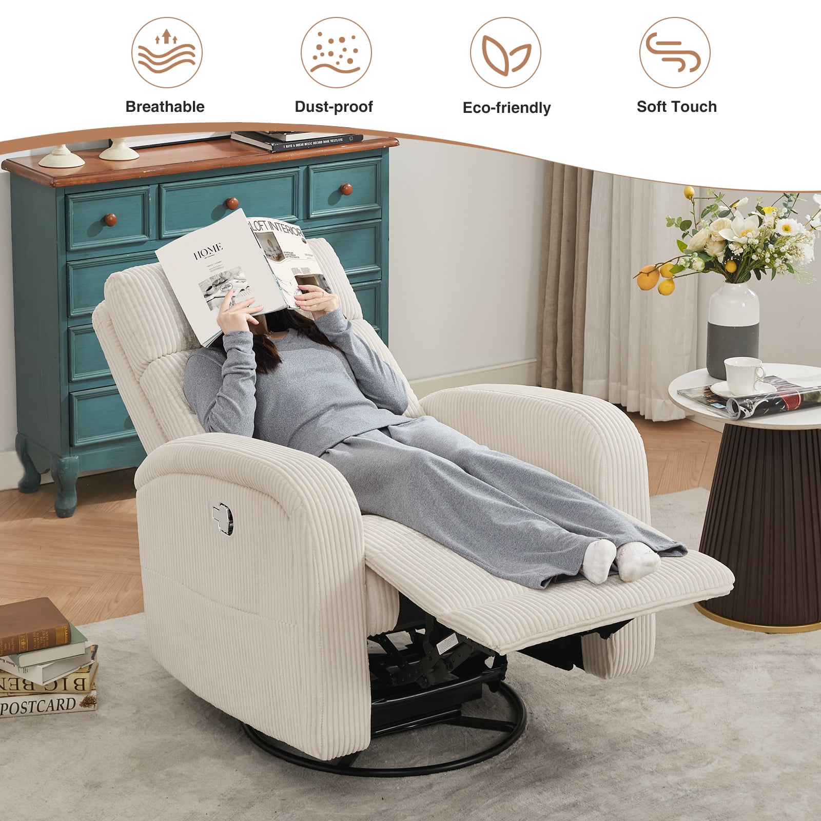 BaseBeauty Swivel Rocker Recliner Manual, Corduroy Nursery Recliner Glider Chair, Swivel Glider Recliner with Double Pockets, White