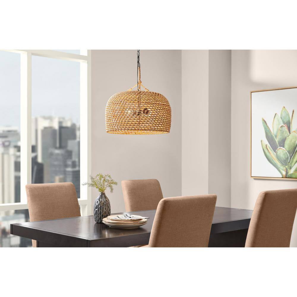 Hampton Bay Summerpoint 120-Watt 2-Light Black Shaded Pendant Light with Natural Woven Shade, No Bulbs Included