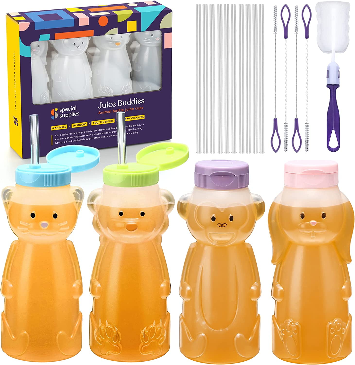 Honey Bear Straw Cup Long Straws, 4Pack Squeezable Therapy and Special