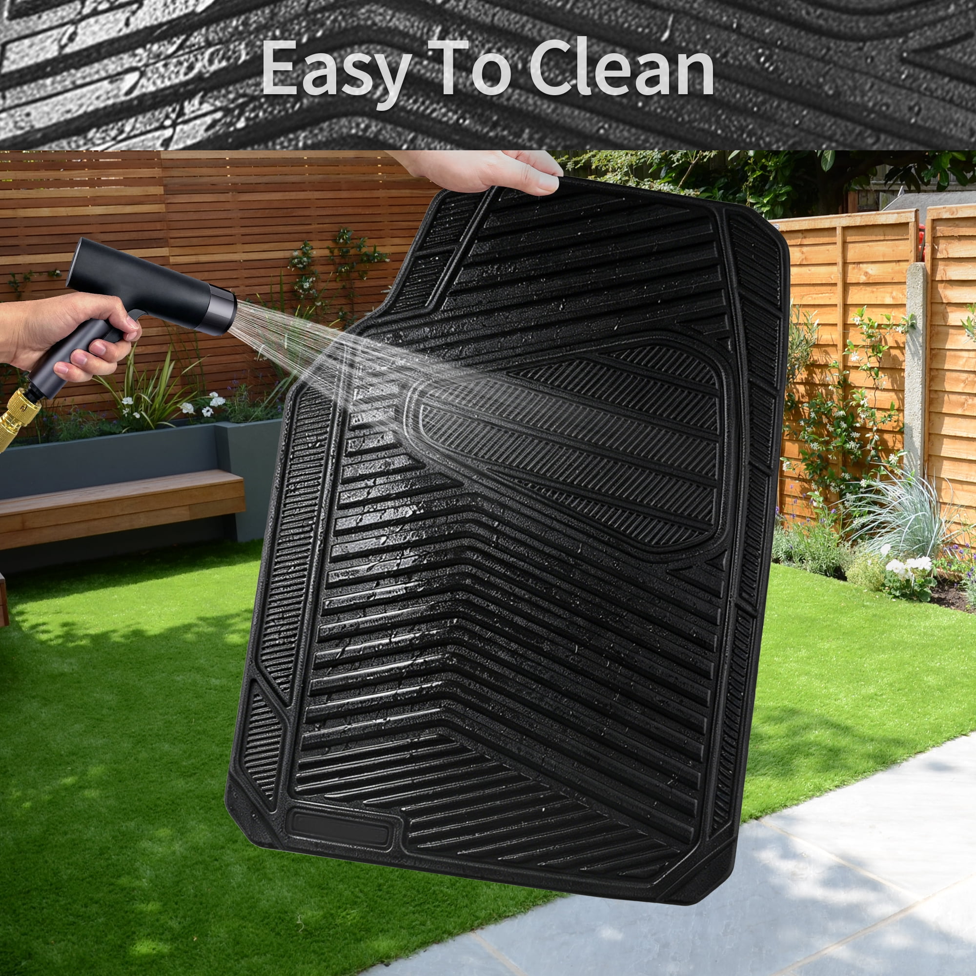 CAR GRAND Rubber Car Floor Mats, All Season All Weather Waterproof Automotive Mats Full Set 3 Pieces, Trim to Fit for Cars Sedans SUVs Trucks, Anti-Slip Easy Clean, All Black