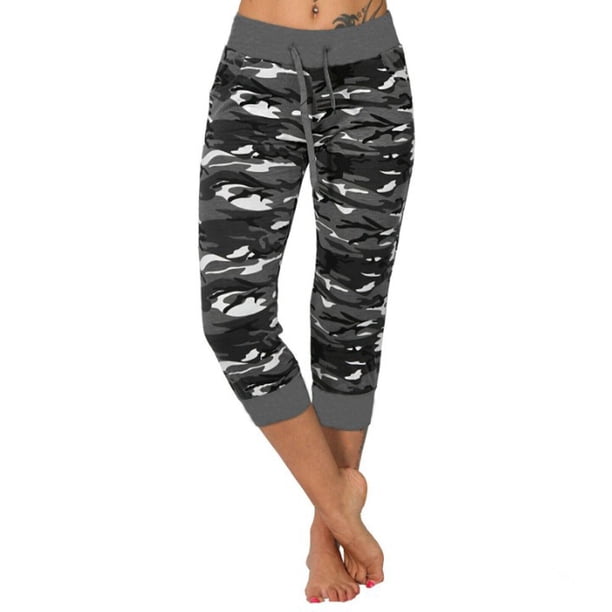 Mujeres Pantalones de yoga interior deportes al aire libre Pantalones recortados de ejercicio Jogging Drawstring Cintura ajustable Leggings Gym Ropa Gray L Eigraketly OD003018-15