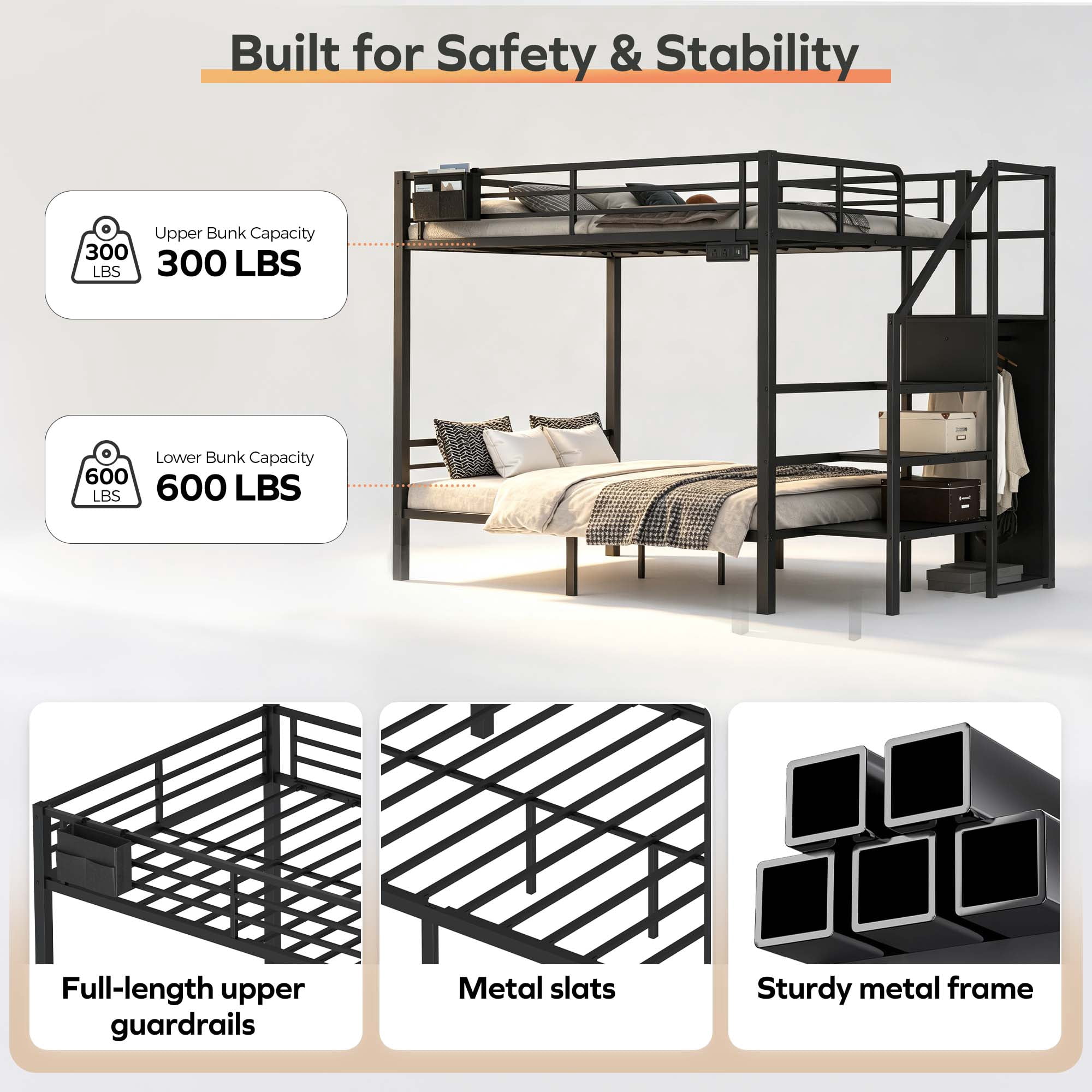Miniyam Full Over Full Bunk Bed with Stairs, Storage and Charging Station, Metal Frame, Black