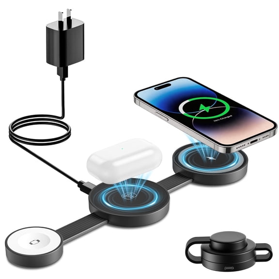 Wireless Charger Fodable 3 in 1 Charging Station Dock Compatible with iPhone17 16 15 14Pro Max, Andorid, Wireless Charger Pad for Multiple Devices Compatible for Apple Watch & AirPods, Black
