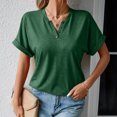 thumbnail image 4 of Camiseta de Mujer Manga Corta Botón Decoración Cuello en V Color Puro Señora Jersey Top para el Trabajo Compras Diarias Verde L, 4 of 8
