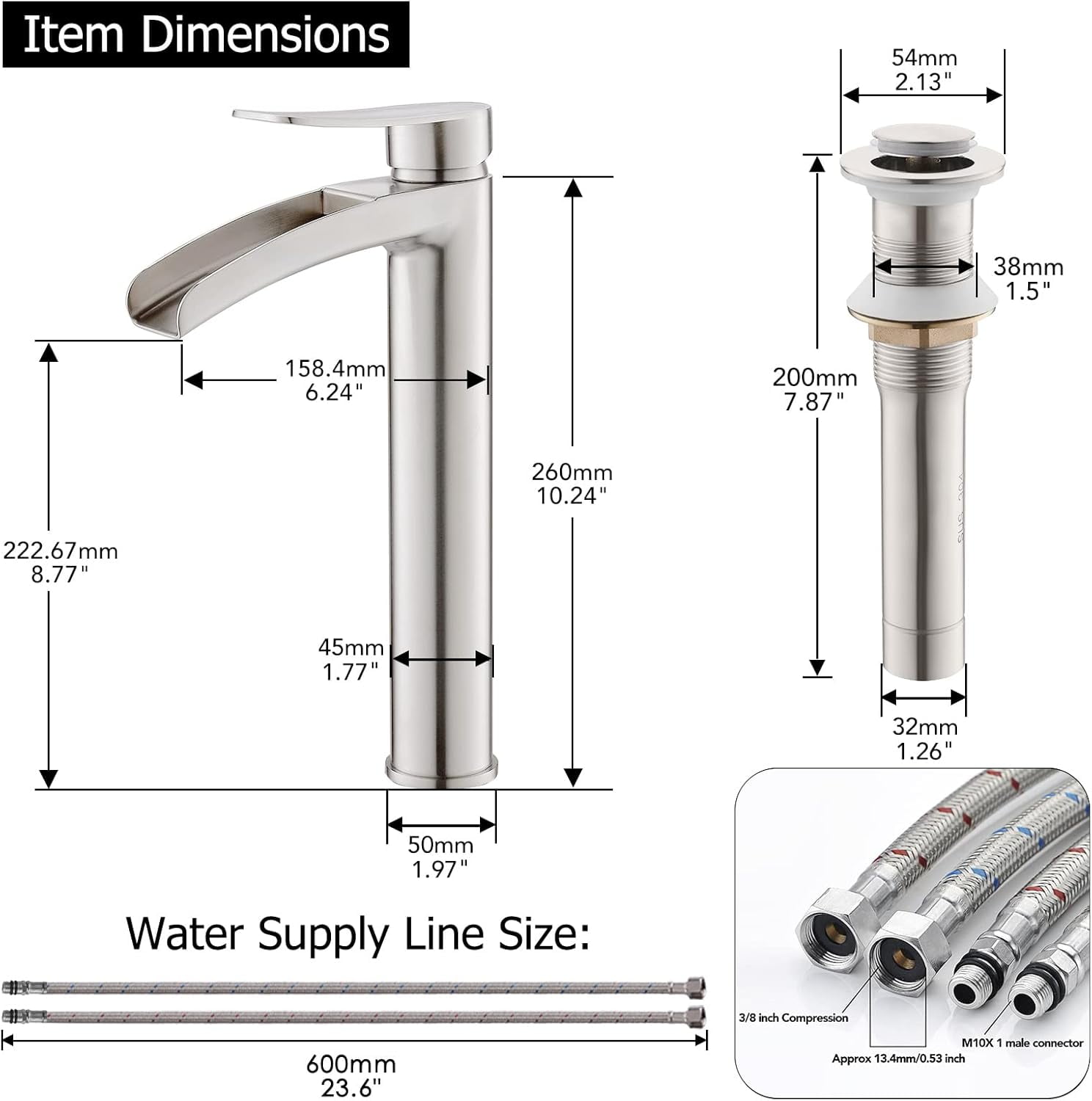 Brushed Nickel Tall Bathroom Vessel Sink Faucet, Single Hole Single Handle Waterfall Modern Bathroom Faucet, with Pop Up Drain and Water Supply Line, NS-SF01-BN-V
