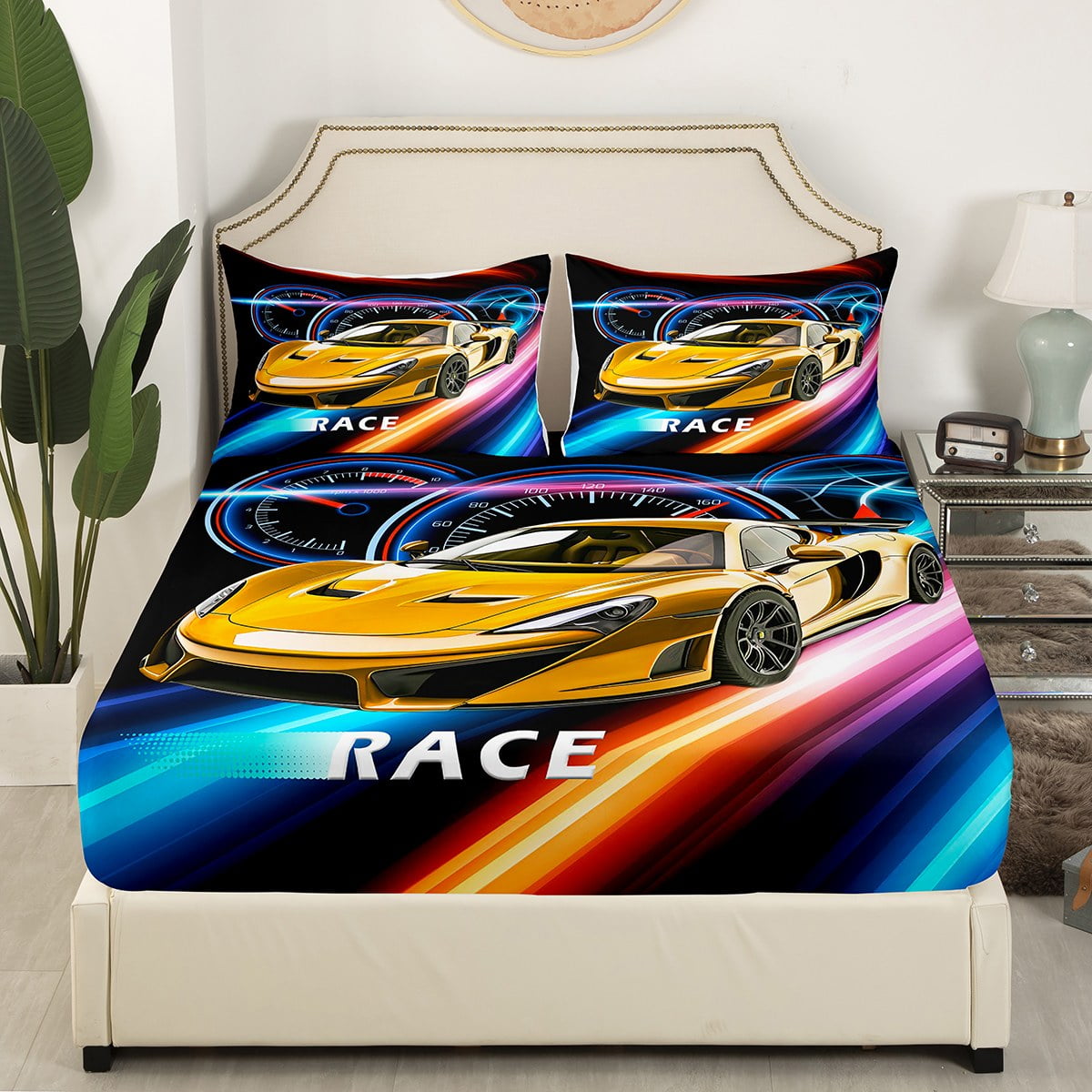 YST Boys Sports Car Full Sheets Yellow Race Car Bed Sheets Racing Car Printed Bedding Colorful Line Bed Cover Kids Girls Bedroom Decor Microfiber 3