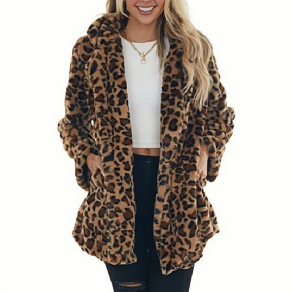 Women's Faux Fur Jackets Autumn Winter Leopard Coats Loose Fur Coat with Pockets