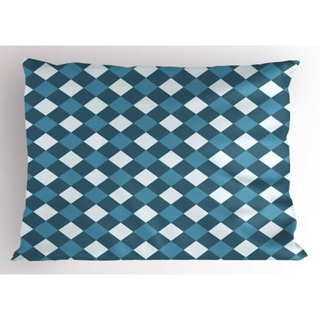 Blue And White Pillow Sham Mosaic Design Checkered Rhombuses Grid