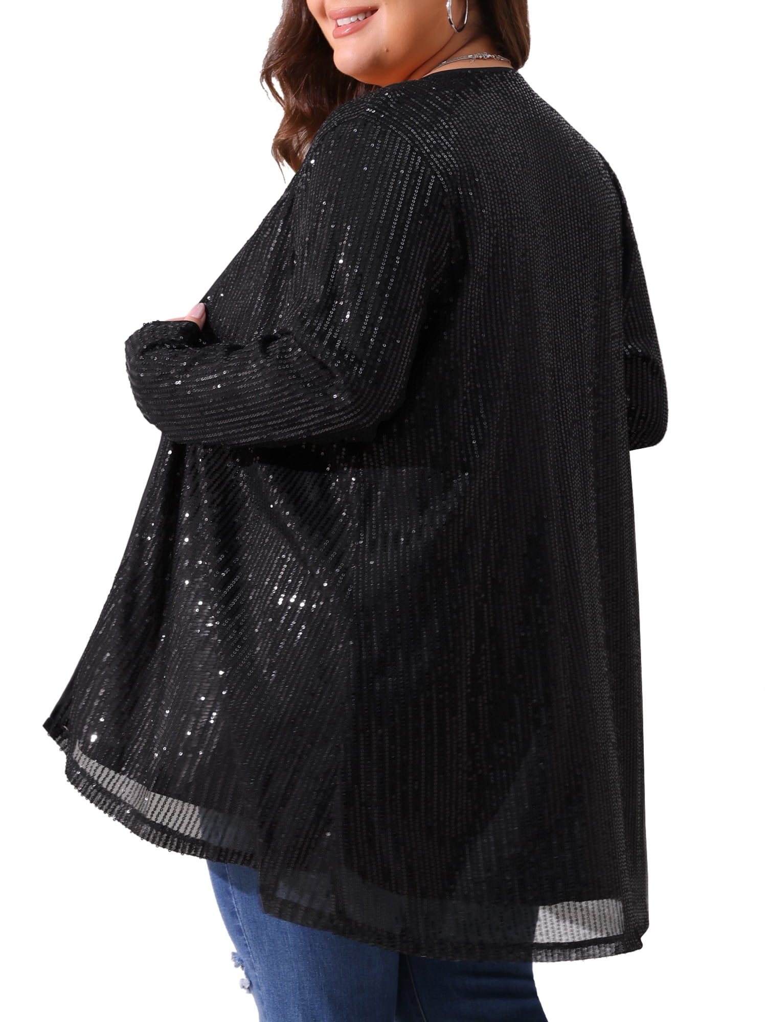 DARING DIVA Women's Plus Sequin Long Sleeve Open Front Outerwear Coat 1X Black