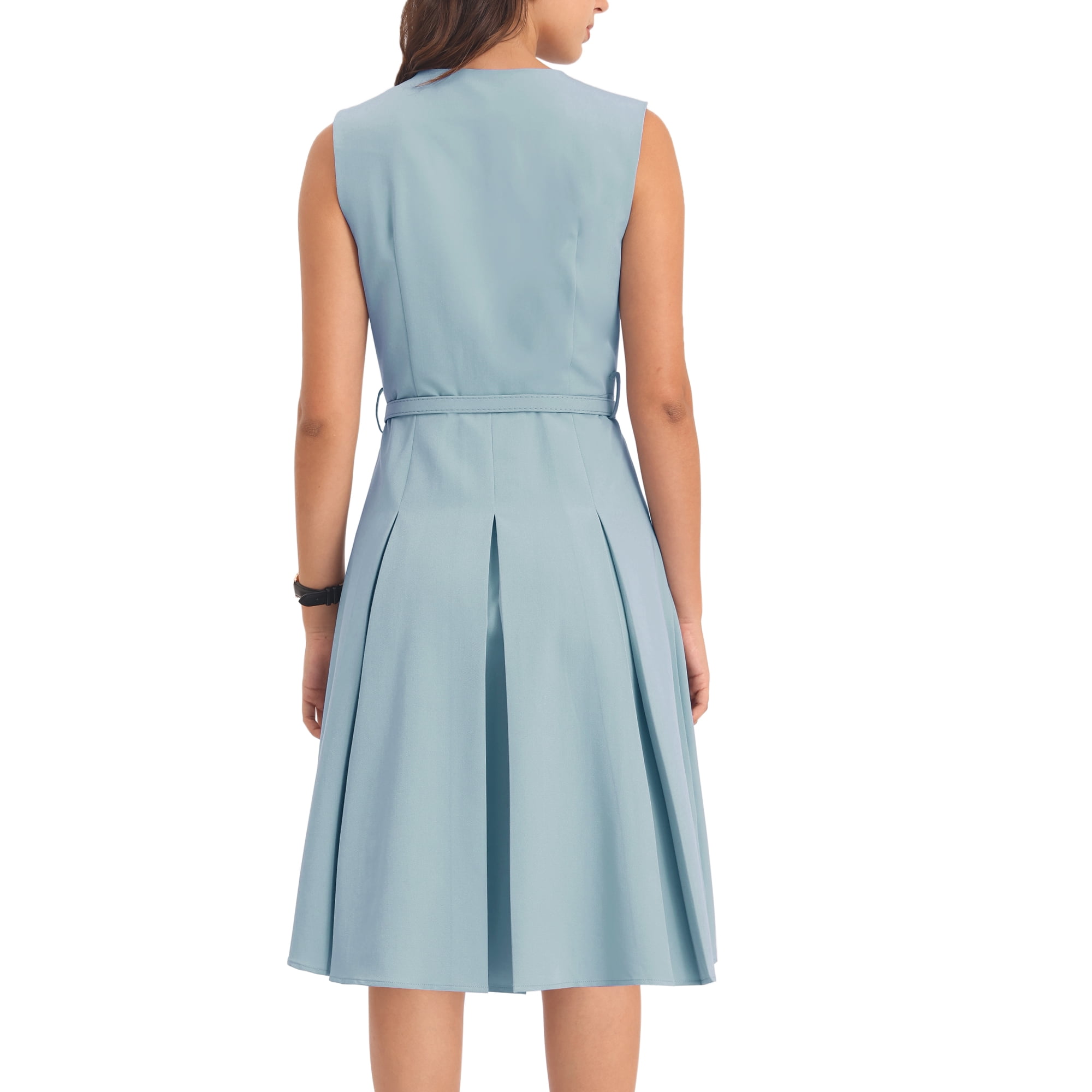 Unique Bargains Women s Sleeveless Dress Zip Up Belted Fit Flare Work Dresses Grey Blue S Walmart