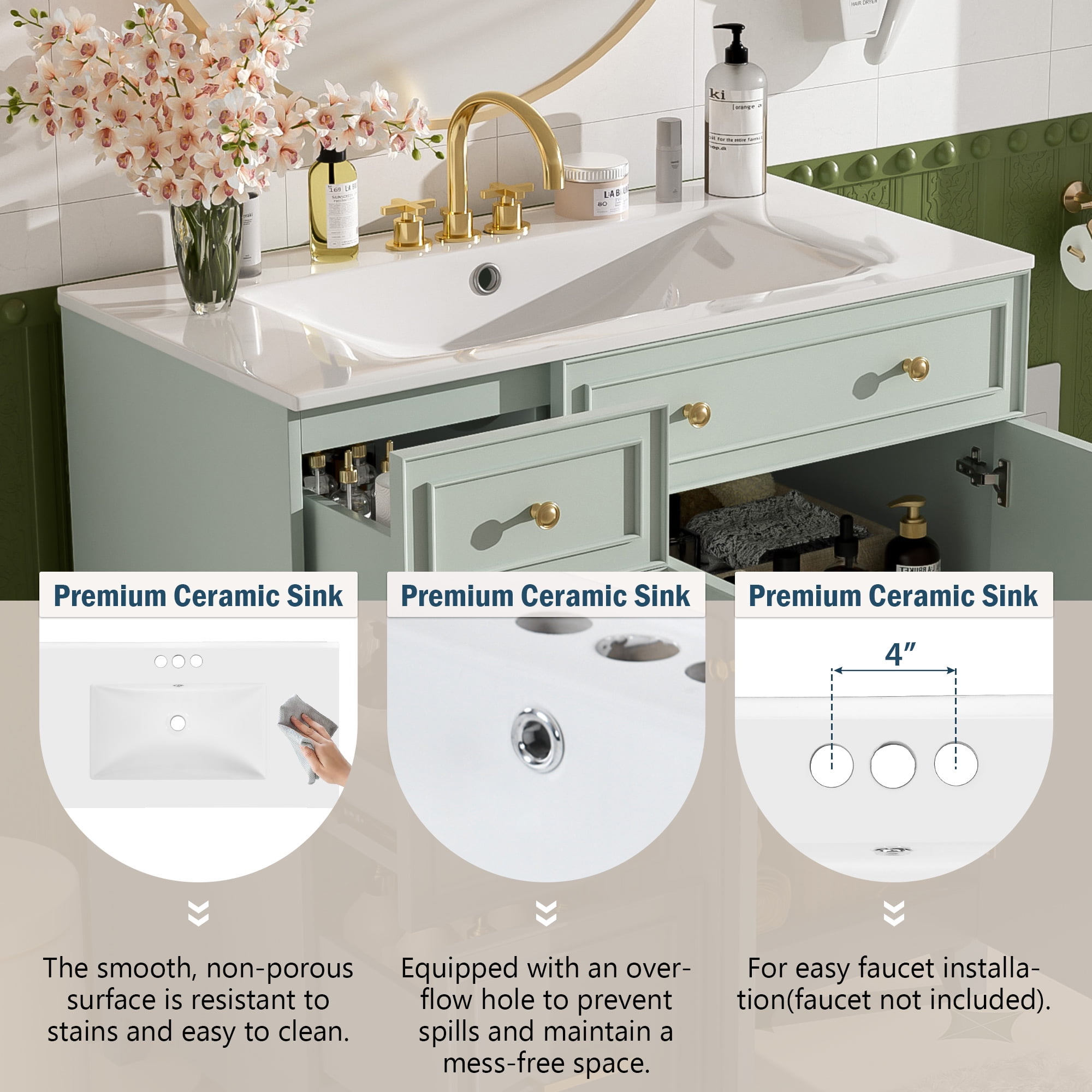 Euroco 36" Bathroom Vanity with Ceramic Sink, Standard and Double-Layer Drawers, Soft Close Doors, Adjustable Shelves, Modern Storage Cabinet for Small and Medium Bathrooms