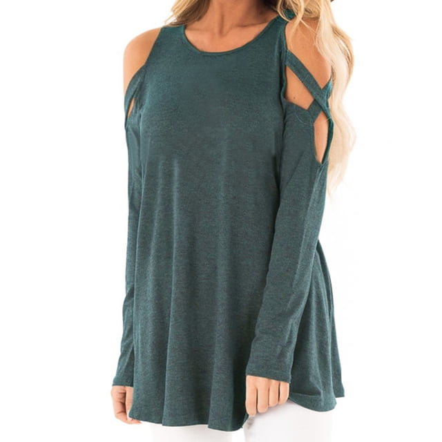 Women Temperament Solid Color Long Sleeved Off Shoulder Hollowed Out Top