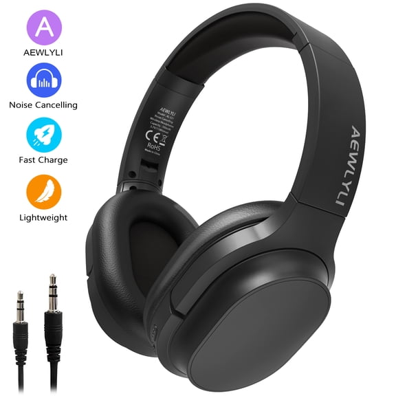 AEWLYLI Active Noise Cancelling Headphones, Wireless Bluetooth Over-Ear Headphones with Microphone, Foldable Stereo Headset, Long Battery Life for Travel, Home, Office & PC, S31 Black