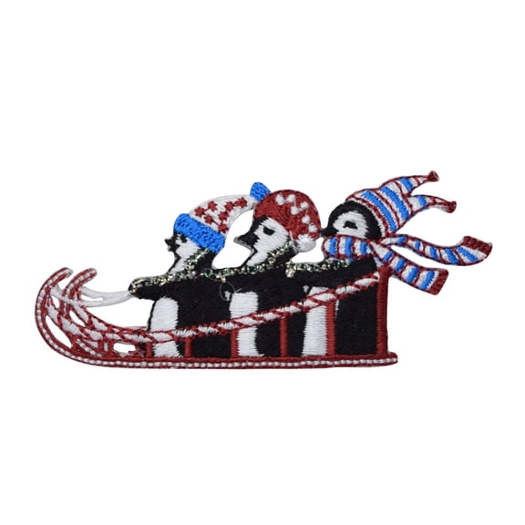 Three Penguins - Sledding - Winter - Iron on Applique/Embroidered Patch