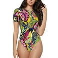 thumbnail image 2 of Goofa Colrful Tropical Leaves Printed Women Rash Guard Short Sleeve,Tummy control Swimsuit Surfing Swimsuit Bathing Suit One Piece Swimsuit UPF 50-Small, 2 of 9