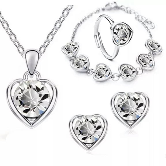 HOOUN Women 925 Silver, Gold Cubic Zirconia Ring Earrings Necklace Wedding Jewelry Set-#2