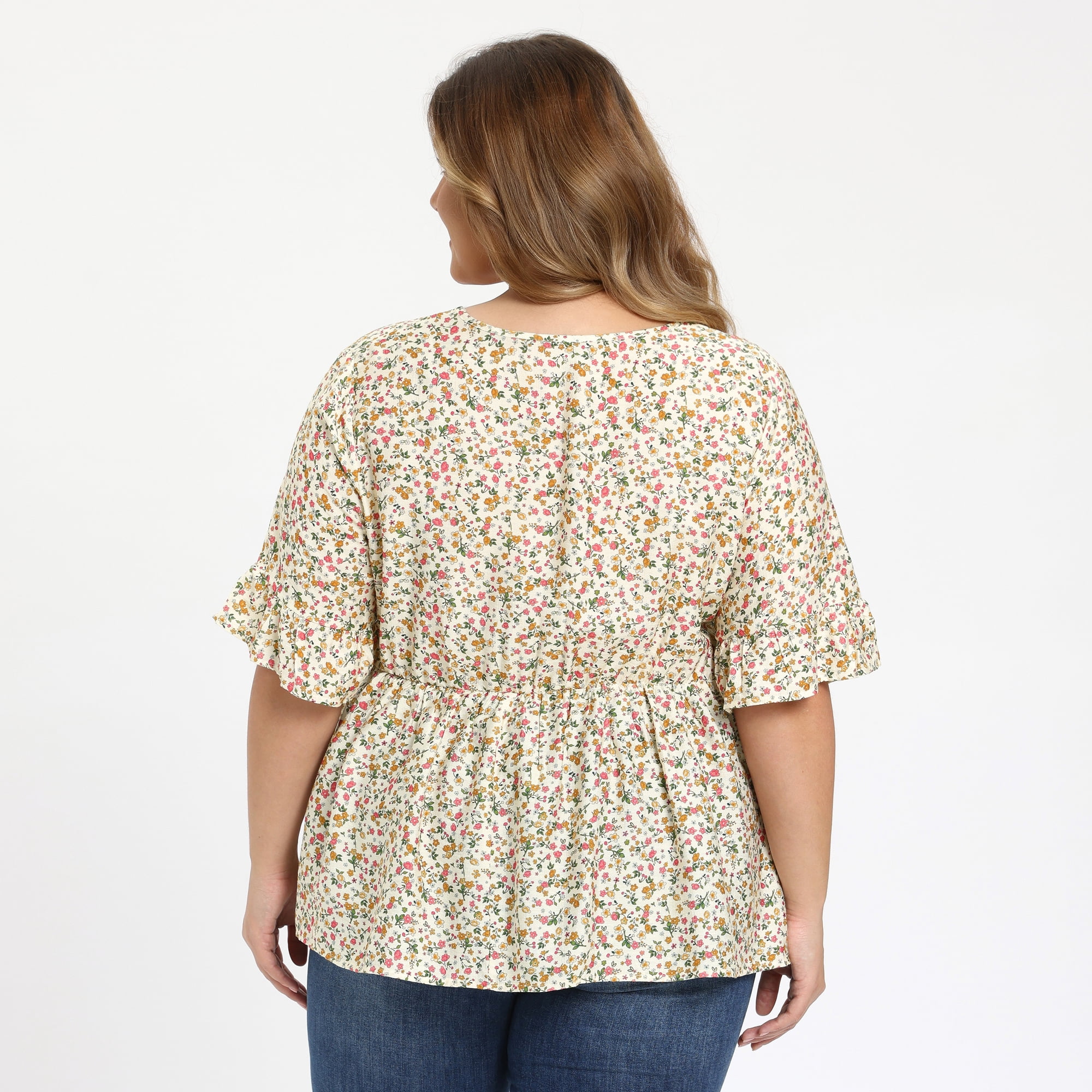 DARING DIVA Women's Plus Ditsy Floral V Neck Tie Front Ruffle Sleeve Blouse 2X Beige