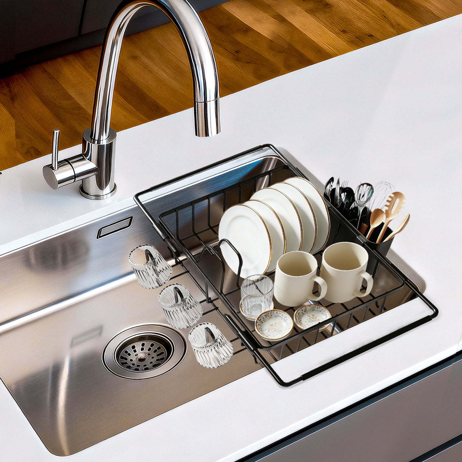 Dish Drying Rack in Sink , Expandable Stainless Steel Dish Rack Over The Sink, Kitchen Sink Drain Strainer with Cutlery Holder & Cup Holders, Fruit and Vegetable Drain Basket,15.74 x 10 x 3 Inch
